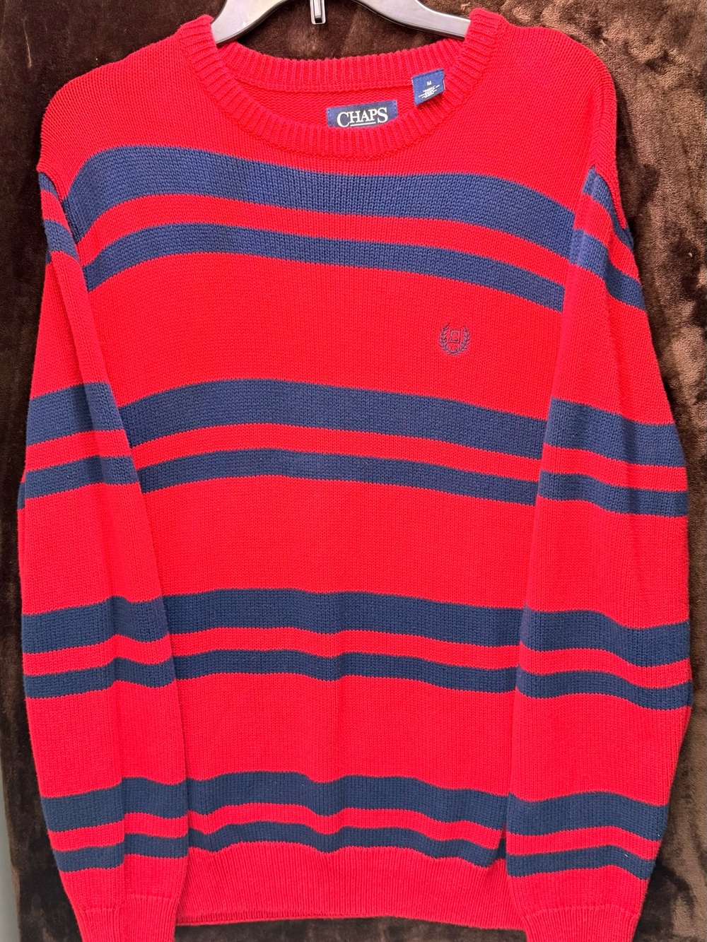 Chaps Bright Red with Navy Stripe Crewneck Sweater
